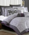 A purple paisley border offers a touch of color and style to these pure white 300-thread count cotton sheet sets. The pattern coordinates with the comforter and shams of the Marrakesh bedding collection.