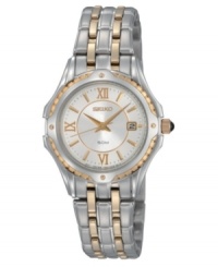 Seiko's LeGrande Sport collection brings you a watch with perfectly married goldtone and silvertone elements. Two tone stainless steel bracelet and round case. Silvertone bezel with four goldtone lugs. Silvertone dial features logo, date window, goldtone hands, stick indices and Roman numerals at twelve, six and nine o'clock. Analog quartz movement. Water resistant to 50 meters. Three-year limited warranty. Seiko's LeGrande Sport collection brings you a watch with perfectly married goldtone and silvertone elements. Two tone stainless steel bracelet and round case. Silvertone bezel with four goldtone lugs. Silvertone dial features logo, date window, goldtone hands, stick indices and Roman numerals at twelve, six and nine o'clock. Analog quartz movement. Water resistant to 50 meters. Three-year limited warranty.