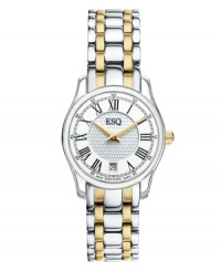 Rich detail for timeless appeal. Filmore watch by ESQ by Movado crafted of two-tone stainless steel bracelet and round case. Silver tone dial features clous de Paris-textured center, black Roman numerals, minute track, date window at six o'clock, two gold tone hands and logo. Swiss quartz movement. Water resistant to 30 meters. Two-year limited warranty. Rich detail for timeless appeal. Filmore watch by ESQ by Movado crafted of two-tone stainless steel bracelet and round case. Silver tone dial features clous de Paris-textured center, black Roman numerals, minute track, date window at six o'clock, two gold tone hands and logo. Swiss quartz movement. Water resistant to 30 meters. Two-year limited warranty.
