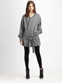 Oversized sweater jacket has dropped shoulders, slouchy sleeves and a self tie at the drop waist. RoundneckDropped shouldersLong sleevesSlash pocketsSelf tieAbout 31 from shoulder to hemCottonHand washMade in CanadaModel shown is 5'9 (176cm) wearing US size Small. Oversized sweater jacket has dropped shoulders, slouchy sleeves and a self tie at the drop waist. RoundneckDropped shouldersLong sleevesSlash pocketsSelf tieAbout 31 from shoulder to hemCottonHand washMade in CanadaModel shown is 5'9 (176cm) wearing US size Small.