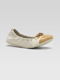 A toe of natural woven straw refreshes a classic ballerina flat of smooth and patent leather, with a signature horsebit adornment.Smooth and patent leather upperElasticized sides and backBamboo horsebit with golden hardwareRubber soleMade in Italy A toe of natural woven straw refreshes a classic ballerina flat of smooth and patent leather, with a signature horsebit adornment.Smooth and patent leather upperElasticized sides and backBamboo horsebit with golden hardwareRubber soleMade in Italy