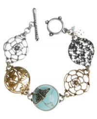 Easy, breezy, effortless style. Lucky Brand's delicate toggle bracelet features open-work floral links and a reconstituted turquoise stone with a butterfly accent. Setting and toggle clasp crafted in silver and gold tone mixed metal. Approximate length: 7-3/4 inches. Easy, breezy, effortless style. Lucky Brand's delicate toggle bracelet features open-work floral links and a reconstituted turquoise stone with a butterfly accent. Setting and toggle clasp crafted in silver and gold tone mixed metal. Approximate length: 7-3/4 inches.