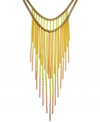 Try tassels for a fresh, spring look. Bar III's extraordinary multi-chain statement necklace is a must for attracting attention. Crafted in antique gold, matte yellow and matte orange tone mixed metal. Approximate length: 15-1/4 inches and 20 inches + 1-1/2-inch extender. Approximate drop: 14 inches. Try tassels for a fresh, spring look. Bar III's extraordinary multi-chain statement necklace is a must for attracting attention. Crafted in antique gold, matte yellow and matte orange tone mixed metal. Approximate length: 15-1/4 inches and 20 inches + 1-1/2-inch extender. Approximate drop: 14 inches.