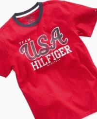 He can throw on this graphic t-shirt from Tommy Hilfiger for a way to inspire his basic style. He can throw on this graphic t-shirt from Tommy Hilfiger for a way to inspire his basic style.