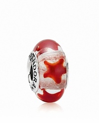 A repeating star pattern adorns a translucent murano glass bead. Logo-engraved sterling silver trim displays the PANDORA signature. A repeating star pattern adorns a translucent murano glass bead. Logo-engraved sterling silver trim displays the PANDORA signature.