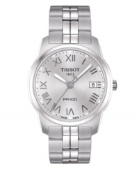 Polished and matte steel combine with handsome effect on this timeless Tissot PR 100 watch. Stainless steel bracelet and round case. Silvertone dial features Roman numerals, date window at three o'clock, luminous hands and black logo. Swiss movement. Water resistant to 100 meters. Two-year limited warranty. Polished and matte steel combine with handsome effect on this timeless Tissot PR 100 watch. Stainless steel bracelet and round case. Silvertone dial features Roman numerals, date window at three o'clock, luminous hands and black logo. Swiss movement. Water resistant to 100 meters. Two-year limited warranty.