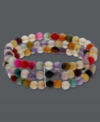 Bring the party to life! Avalonia Road's Brasilian-inspired bracelet combines bright, multicolored fire agate beads (15-1/5 ct. t.w.) in a trendy three-row design. Accents crafted in sterling silver. Bracelet stretches to fit wrist. Approximate length: 6-1/4 inches. Approximate width: 3/4 inch. Bring the party to life! Avalonia Road's Brasilian-inspired bracelet combines bright, multicolored fire agate beads (15-1/5 ct. t.w.) in a trendy three-row design. Accents crafted in sterling silver. Bracelet stretches to fit wrist. Approximate length: 6-1/4 inches. Approximate width: 3/4 inch.