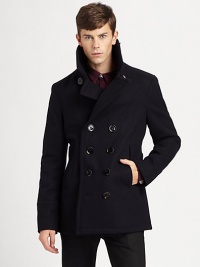 A classic double-breasted peacoat with modern shaping has an urban edge, in a rich wool blend.Oversized collarExtended lapelsDouble-breasted button closeVertical front welt pocketsBack half beltBack seamed detailingCenter back ventAbout 29 from shoulder to hemWool/nylonDry cleanImported