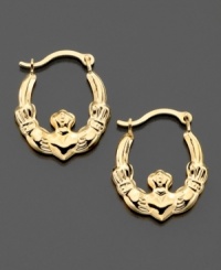 Friendship, love and loyalty. These claddagh hoop earrings are crafted in 14k gold. Approximate diameter: 1/4 inch. Friendship, love and loyalty. These claddagh hoop earrings are crafted in 14k gold. Approximate diameter: 1/4 inch.