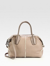 A luxuriously soft shearling design accented with smooth leather trim and radiant hardware.Double leather top handles, 6 dropDetachable adjustable leather shoulder strap, 25-27 dropTop zip closureProtective metal feet13W X 9H X 6½DImported A luxuriously soft shearling design accented with smooth leather trim and radiant hardware.Double leather top handles, 6 dropDetachable adjustable leather shoulder strap, 25-27 dropTop zip closureProtective metal feet13W X 9H X 6½DImported