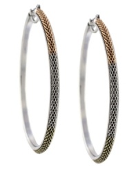 Three times as versatile. An intricate chain link design in rose gold, gold and silver-plated mixed metal make BCBGeneration's hoop earrings a go-to style basic. Approximate drop: 2-3/4 inches. Three times as versatile. An intricate chain link design in rose gold, gold and silver-plated mixed metal make BCBGeneration's hoop earrings a go-to style basic. Approximate drop: 2-3/4 inches.