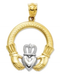 A touch of Celtic inspiration. This symbolic Claddagh charm is crafted in polished 14k gold and sterling silver with a pretty cut-out design. Chain not included. Approximate length: 1-1/10 inches. Approximate width: 4/5 inch. A touch of Celtic inspiration. This symbolic Claddagh charm is crafted in polished 14k gold and sterling silver with a pretty cut-out design. Chain not included. Approximate length: 1-1/10 inches. Approximate width: 4/5 inch.
