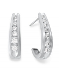 Elevate your look with a touch of sparkle. These unique J-hoop earrings feature channel-set, round-cut diamonds (1/2 ct. t.w.) in 14k white gold. Approximate drop: 6/8 inch. Elevate your look with a touch of sparkle. These unique J-hoop earrings feature channel-set, round-cut diamonds (1/2 ct. t.w.) in 14k white gold. Approximate drop: 6/8 inch.