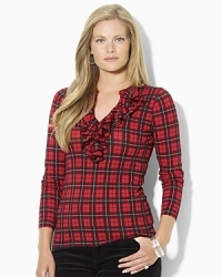 Elegant ruffles add a touch of sophistication to a plaid cotton tee, with a chic keyhole cutout at the neckline for a modern look. Elegant ruffles add a touch of sophistication to a plaid cotton tee, with a chic keyhole cutout at the neckline for a modern look.