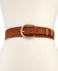 Add elegance and interest to whatever you wear with this soft suede belt by MICHAEL Michael Kors, featuring a logo-embossed buckle and triple loop keeper.