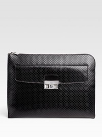 A slim-line case designed in micro diamante leather with a front pocket and palladium hardware. Zip closure Top handle Palladium hardware Front flap pocket with push-lock closure Interior zip pocket Pen, business card holders Front, interior zip pockets Suede lining 15W X 11H X 1.6D Made in Italy A slim-line case designed in micro diamante leather with a front pocket and palladium hardware. Zip closure Top handle Palladium hardware Front flap pocket with push-lock closure Interior zip pocket Pen, business card holders Front, interior zip pockets Suede lining 15W X 11H X 1.6D Made in Italy