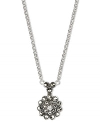 A starburst of glam. Judith Jack's marcasite (1/4 ct. t.w.) and cubic zirconia-accented pendant necklace brings standout style to your look. Crafted in sterling silver. Approximate length: 16 inches. Approximate drop: 5/8 inch. A starburst of glam. Judith Jack's marcasite (1/4 ct. t.w.) and cubic zirconia-accented pendant necklace brings standout style to your look. Crafted in sterling silver. Approximate length: 16 inches. Approximate drop: 5/8 inch.