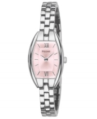 A timeless watch silhouette gets a modern upgrade with pink hues on this Pulsar timepiece. A timeless watch silhouette gets a modern upgrade with pink hues on this Pulsar timepiece.