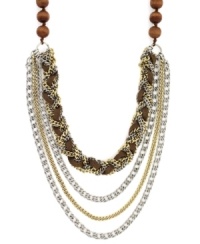 Four times the fun. BCBGeneration's ultra-chic multi-layer necklace features four rows of wooden beads and brown braided cotton mixed with silver and gold tone mixed metal. Approximate length: 17 inches. Approximate drop: 6-1/2 inches. Four times the fun. BCBGeneration's ultra-chic multi-layer necklace features four rows of wooden beads and brown braided cotton mixed with silver and gold tone mixed metal. Approximate length: 17 inches. Approximate drop: 6-1/2 inches.