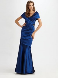A striking floor-skimming style in classic satin, with figure-flattering side gathers for an ultra-feminine silhouette.Off-the-shoulder necklineCap sleevesConcealed back zip closureSide gathersJewel detail at waistSlightly flared hemAbout 45 from natural waist77% acetate/20% polyester/3% elastaneDry cleanImportedModel shown is 5'11 (180cm) wearing US size 4. A striking floor-skimming style in classic satin, with figure-flattering side gathers for an ultra-feminine silhouette.Off-the-shoulder necklineCap sleevesConcealed back zip closureSide gathersJewel detail at waistSlightly flared hemAbout 45 from natural waist77% acetate/20% polyester/3% elastaneDry cleanImportedModel shown is 5'11 (180cm) wearing US size 4.