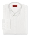 Slim fit tuxedo dress shirt with intricate pintuck detail in front. Small point collar. Barrel cuffs.