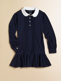 A comfortable pintuck dress in soft stretch cotton jersey is finished with ruffle details and a contrast collar for a pretty look.Peter Pan collarLong sleeves with barrel cuffsButton-frontRuffled hemCottonMachine washImported A comfortable pintuck dress in soft stretch cotton jersey is finished with ruffle details and a contrast collar for a pretty look.Peter Pan collarLong sleeves with barrel cuffsButton-frontRuffled hemCottonMachine washImported