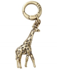 Add a hint of the wild to your style. Fossil's safari-inspired charm features an intricate giraffe covered in pave crystals. Set in oxidized brass tone mixed metal. Approximate drop: 1-1/4 inches.