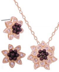 Flower power. City by City adds springtime style to your look all year long with this pretty pendant necklace and earrings set. Crafted in nickel-free rose gold tone mixed metal, the pendant features a sparkling cubic zirconia (1/2 ct. t.w.), as do the stud earrings (1/3 ct. t.w.). Approximate length (pendant): 15 inches with 3-inch extender. Approximate drop (pendant): 5/8 inch. Approximate diameter (earrings): 1/2 inch. Flower power. City by City adds springtime style to your look all year long with this pretty pendant necklace and earrings set. Crafted in nickel-free rose gold tone mixed metal, the pendant features a sparkling cubic zirconia (1/2 ct. t.w.), as do the stud earrings (1/3 ct. t.w.). Approximate length (pendant): 15 inches with 3-inch extender. Approximate drop (pendant): 5/8 inch. Approximate diameter (earrings): 1/2 inch.