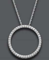 Strengthen your love. Give her the ultimate gift with this round-cut diamond (1/4 ct. t.w.) eternity circle pendant. Crafted in polished sterling silver, with a hearts in the gallery detail at the sides. Approximate length: 18 inches. approximate drop: 1 inch. Strengthen your love. Give her the ultimate gift with this round-cut diamond (1/4 ct. t.w.) eternity circle pendant. Crafted in polished sterling silver, with a hearts in the gallery detail at the sides. Approximate length: 18 inches. approximate drop: 1 inch.