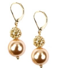 The warm tones of topaz and gold add a look of intrigue to these glass pearls and pave crystal balls. AK Anne Klein's leverback earrings are crafted in gold tone mixed metal. Approximate drop: 1 inches. The warm tones of topaz and gold add a look of intrigue to these glass pearls and pave crystal balls. AK Anne Klein's leverback earrings are crafted in gold tone mixed metal. Approximate drop: 1 inches.
