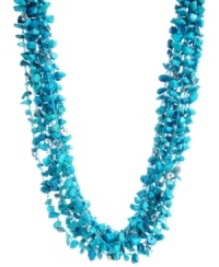 Chunky turquoise chips. Kenneth Cole New York's mixed metal necklace is silver plated and comprises several strands of semi-precious turquoise chip beads. Silver tone details add a shiny touch. Approximate length: 17 inches + 3-inch extender. Chunky turquoise chips. Kenneth Cole New York's mixed metal necklace is silver plated and comprises several strands of semi-precious turquoise chip beads. Silver tone details add a shiny touch. Approximate length: 17 inches + 3-inch extender.