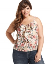 Flaunt your flower power in American Rag's sleeveless plus size top, decked out by a ruffled front. Flaunt your flower power in American Rag's sleeveless plus size top, decked out by a ruffled front.