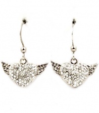 Gorgeous Silver Plated Flying Heart Angel Wings Dangle Earrings with Sparkling Clear Crystals Gorgeous Silver Plated Flying Heart Angel Wings Dangle Earrings with Sparkling Clear Crystals