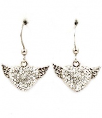 Gorgeous Silver Plated Flying Heart Angel Wings Dangle Earrings with Sparkling Clear Crystals