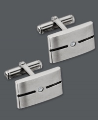 Stylish sophistication. This chic pair of cuff links is the perfect accent for the modern man. Crafted in stainless steel, cuff links feature a black enamel stripe with a sparkling diamond accent. Cuff links have swivel backs for ease of use. Approximate length: 3/4 inch. Approximate width: 1/2 inch. Stylish sophistication. This chic pair of cuff links is the perfect accent for the modern man. Crafted in stainless steel, cuff links feature a black enamel stripe with a sparkling diamond accent. Cuff links have swivel backs for ease of use. Approximate length: 3/4 inch. Approximate width: 1/2 inch.