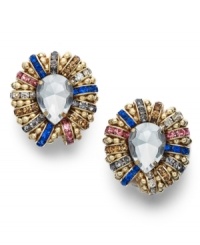 They may be faux, but they're just as fashionable. These chic, clip-on stud earrings embrace all the dazzle that a diminutive design can hold with blue, beige, clear, and pink crystals around a pear-cut crystal center. Earrings by Bar III are crafted in gold tone mixed metal. Approximate diameter: 1-1/4 inches. They may be faux, but they're just as fashionable. These chic, clip-on stud earrings embrace all the dazzle that a diminutive design can hold with blue, beige, clear, and pink crystals around a pear-cut crystal center. Earrings by Bar III are crafted in gold tone mixed metal. Approximate diameter: 1-1/4 inches.