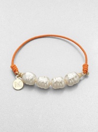 Lustrous pearls on a bright elastic cord with a logo accented charm. 10mm organic white baroque man-made pearl18k goldplatedElastic cordDiameter, about 2Slip-on styleImported Lustrous pearls on a bright elastic cord with a logo accented charm. 10mm organic white baroque man-made pearl18k goldplatedElastic cordDiameter, about 2Slip-on styleImported