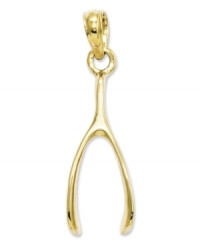 Make a wish! This symbolic good luck charm features a polished wishbone in 14k gold. Chain not included. Approximate length: 4/5 inch. Approximate width: 3/10 inch. Make a wish! This symbolic good luck charm features a polished wishbone in 14k gold. Chain not included. Approximate length: 4/5 inch. Approximate width: 3/10 inch.