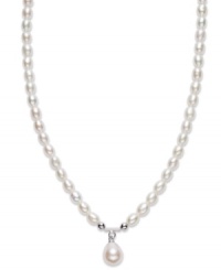 Prim, proper & polished. This beautiful necklace features cultured freshwater pearls (3-1/2-7-1/2 mm) and a pearl teardrop accent. Set in sterling silver. Approximate length: 16-1/2 inches. Prim, proper & polished. This beautiful necklace features cultured freshwater pearls (3-1/2-7-1/2 mm) and a pearl teardrop accent. Set in sterling silver. Approximate length: 16-1/2 inches.