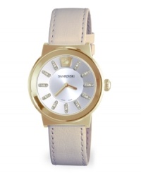 Exuding warmth, this Piazza watch by Swarovski shines brilliantly. Beige leather strap and round gold PVD stainless steel case. Silver tone dial with a circular sunray pattern features four crystal accents at each marker, logo at twelve o'clock and two gold tone hands. Swiss quartz movement. Water resistant to 30 meters. Two-year limited warranty. Exuding warmth, this Piazza watch by Swarovski shines brilliantly. Beige leather strap and round gold PVD stainless steel case. Silver tone dial with a circular sunray pattern features four crystal accents at each marker, logo at twelve o'clock and two gold tone hands. Swiss quartz movement. Water resistant to 30 meters. Two-year limited warranty.