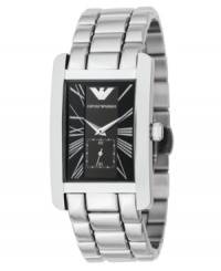 Classically cool, timelessly elegant. Stainless steel bracelet and case. Bold black dial with Emporio Armani logo, stylized silvertone Roman numerals and subdial. Two-hand, quartz movement. Water resistant to 30 meters.