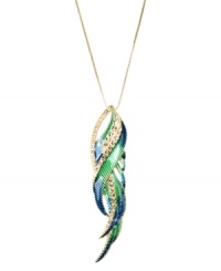 Fine-feathered fashion. RACHEL Rachel Roy's vivacious pendant is a fashionista's dream, with a trendy long chain and bright blue and green glass accents. Set in gold tone mixed metal. Approximate length: 30 inches. Approximate drop: 3-1/2 inches. Fine-feathered fashion. RACHEL Rachel Roy's vivacious pendant is a fashionista's dream, with a trendy long chain and bright blue and green glass accents. Set in gold tone mixed metal. Approximate length: 30 inches. Approximate drop: 3-1/2 inches.