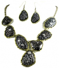 nique Two Tone Fossil and Rose Textured Fashion Necklace and Earrings Set with Ice Crystal Accents Gold and Hematite Tone nique Two Tone Fossil and Rose Textured Fashion Necklace and Earrings Set with Ice Crystal Accents Gold and Hematite Tone