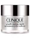 Youth Surge Night Age Decelerating Night Moisturizer. Building on Sirtuin technology, Clinique science uses youth-extending agents to create a nightly moisturizer that helps intensify the nightly cycle of natural repair. Plumped with natural collagen, lines and wrinkles appear to evaporate. Skin gains that energized 8-hour effect come morning.For Combination Oily to Oily Skins 1.7 oz. 