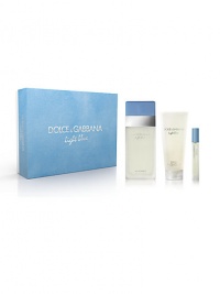 Set includes: DG Light Blue eau de toilette, 3.3 oz.; body cream, 3.3 oz. and travel spray, 0.25 oz. Made in France. Set includes: DG Light Blue eau de toilette, 3.3 oz.; body cream, 3.3 oz. and travel spray, 0.25 oz. Made in France.