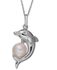 Fun and fashion-forward, this dolphin pendant features a cultured freshwater pearl (8-1/2-9 mm) and diamond accents for a stunning look. Crafted from sterling silver. Approximate length: 18 inches. Approximate drop: 1-1/4 inches. Fun and fashion-forward, this dolphin pendant features a cultured freshwater pearl (8-1/2-9 mm) and diamond accents for a stunning look. Crafted from sterling silver. Approximate length: 18 inches. Approximate drop: 1-1/4 inches.