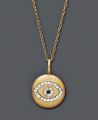 Keep good luck close to your heart. Sparkling pendant features the evil eye symbol in round-cut diamonds (1/10 ct. t.w.) with an irradiated diamond accent center. Setting and chain crafted in 14k gold. Approximate length: 18 inches. Approximate drop: 1/2 inch. Keep good luck close to your heart. Sparkling pendant features the evil eye symbol in round-cut diamonds (1/10 ct. t.w.) with an irradiated diamond accent center. Setting and chain crafted in 14k gold. Approximate length: 18 inches. Approximate drop: 1/2 inch.