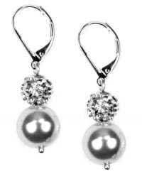 Grace through reflection: Crystal pave balls and glass pearls dangle from these gorgeous drop earrings set in imitation rhodium-plated mixed metal. Approximate drop: 1 inches. Grace through reflection: Crystal pave balls and glass pearls dangle from these gorgeous drop earrings set in imitation rhodium-plated mixed metal. Approximate drop: 1 inches.