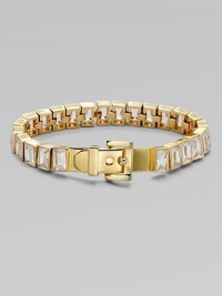 A contemporary buckle closure adds interest to this cubic zirconia baguette tennis bracelet. Cubic zirconiaBrassLength, about 7 to 7.25 adjustableBuckle closureImported A contemporary buckle closure adds interest to this cubic zirconia baguette tennis bracelet. Cubic zirconiaBrassLength, about 7 to 7.25 adjustableBuckle closureImported