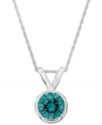 Add a touch of brilliant color. A round-cut, bezel-set blue diamond (1/2 ct. t.w.) shines in a luminous 14k white gold setting. Approximate length: 18 inches. Approximate drop: 3/8 inch. Add a touch of brilliant color. A round-cut, bezel-set blue diamond (1/2 ct. t.w.) shines in a luminous 14k white gold setting. Approximate length: 18 inches. Approximate drop: 3/8 inch.